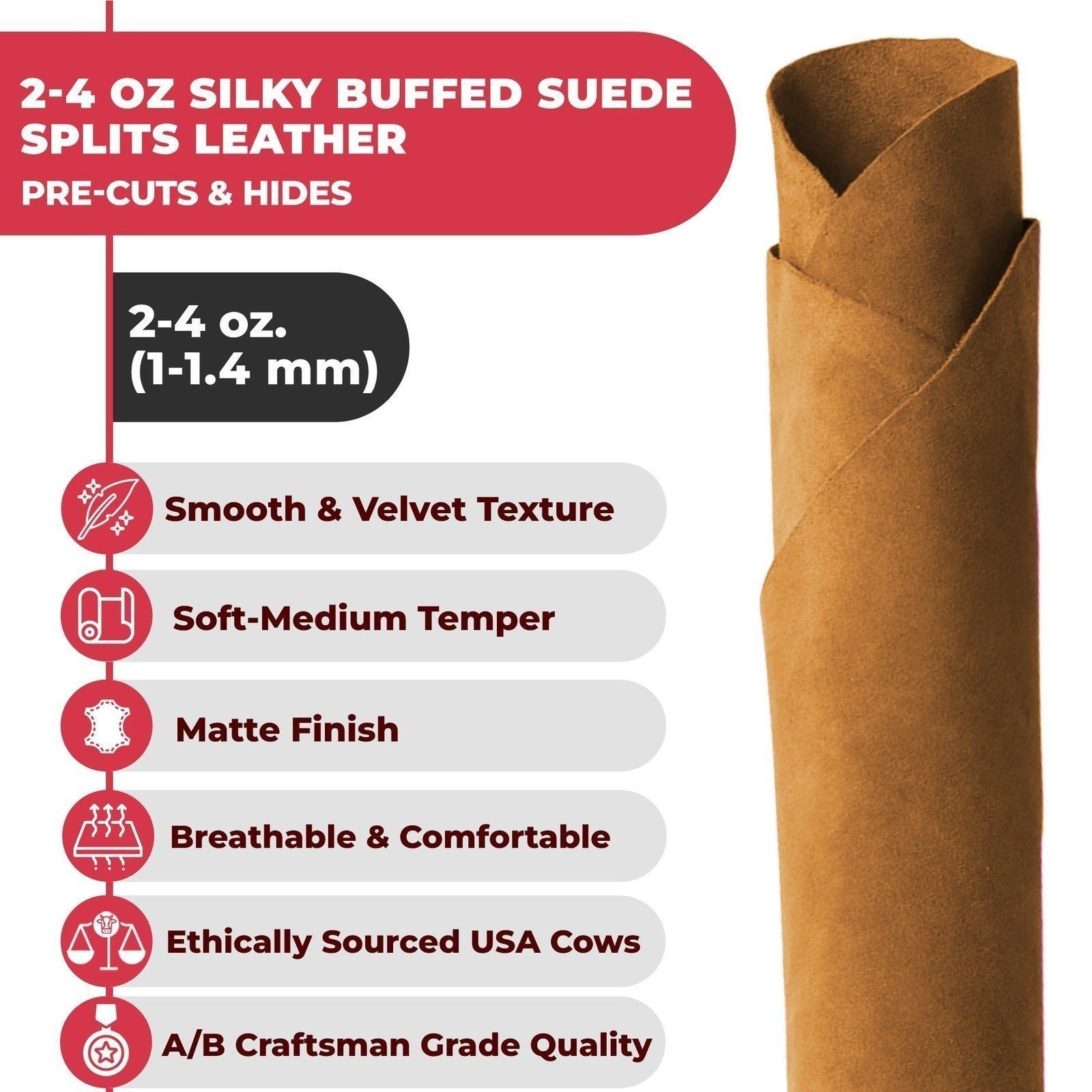 Suede Cowhide 2-4 oz (1-1.6mm) – Pre-Cut Premium A/B Grade Grain Leather USA Mad