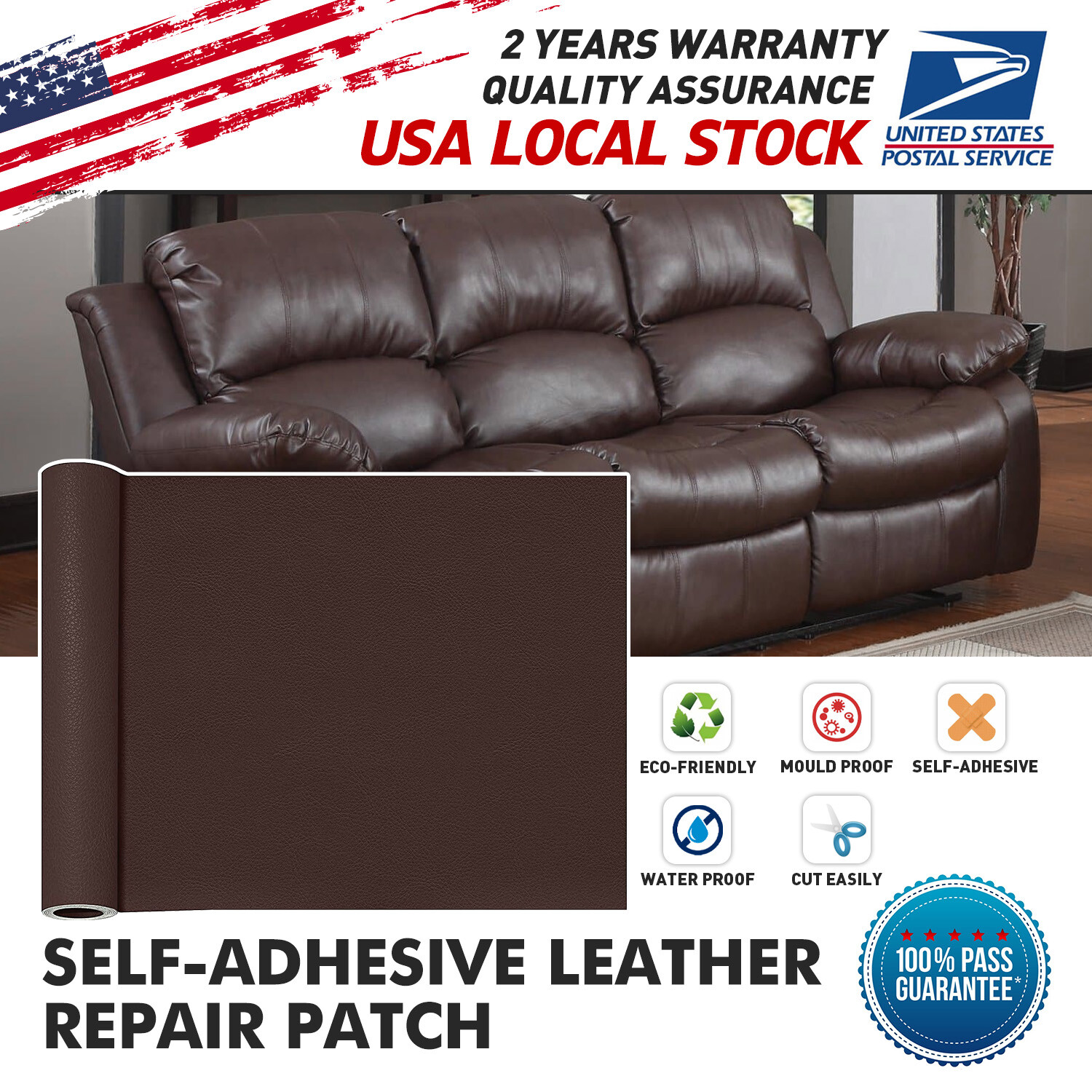 Brown Self-Adhesive Leather Repair Patch Tape For Seats Couch Sofa Chair Jacket