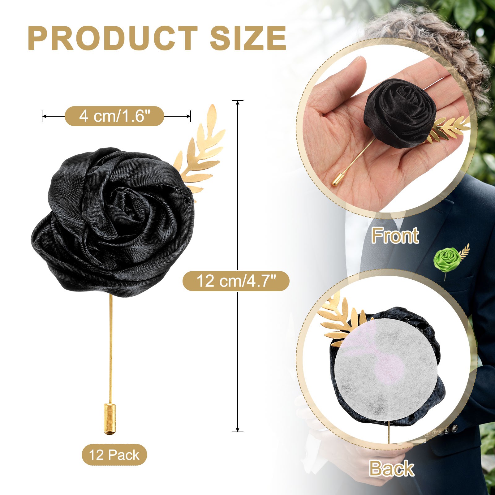 12pcs Black Rose Boutonnieres Flower Buttonholes Pocket with Leaf (4.7 x 2 Inch)