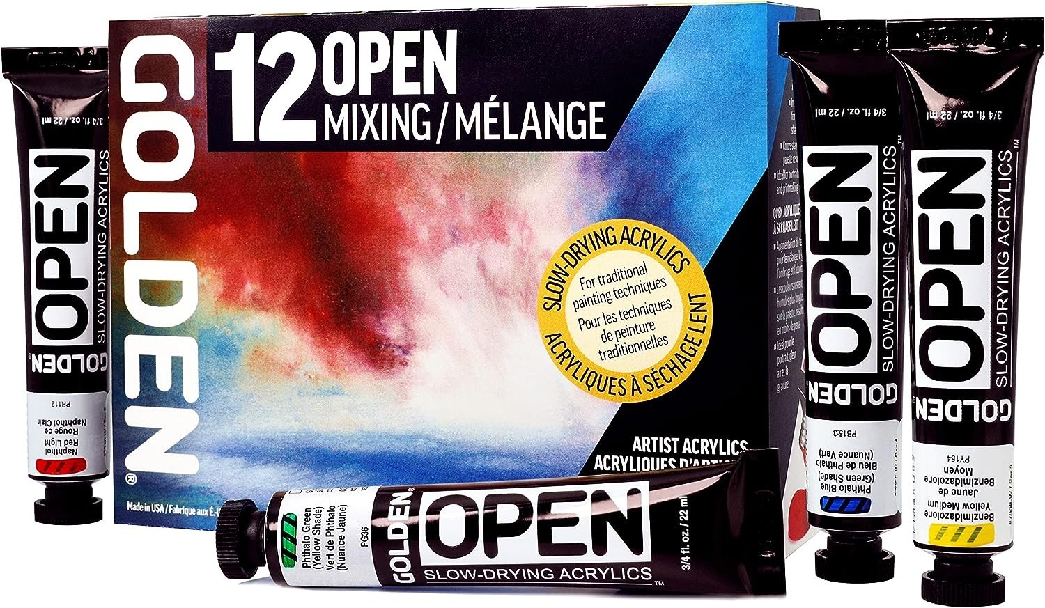 Golden Artist Colors 12 OPEN Slow-Drying Acrylics Mixing/Melange Set
