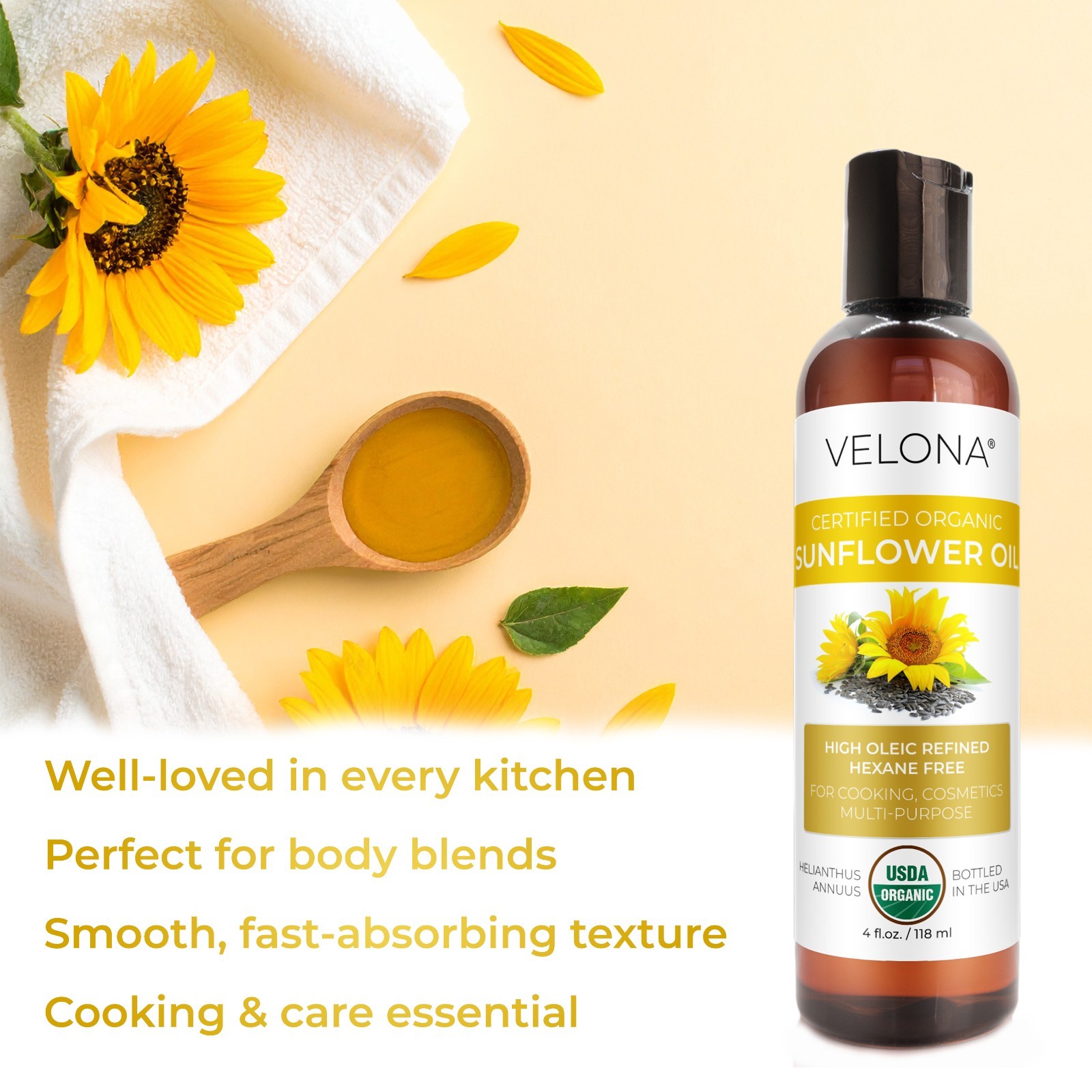 Velona USDA Certified Organic Sunflower Oil – 4 oz 100% Pure High Oleic Refined