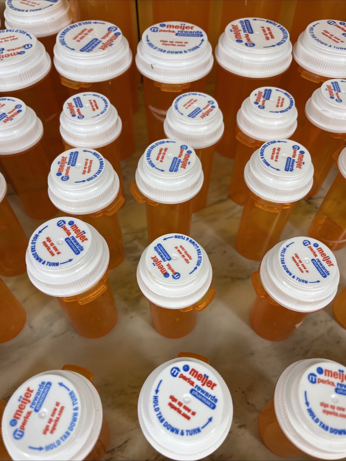 Lot Of 61 Empty medicine Bottles All amber Minus 2 Blue, Various Sizes