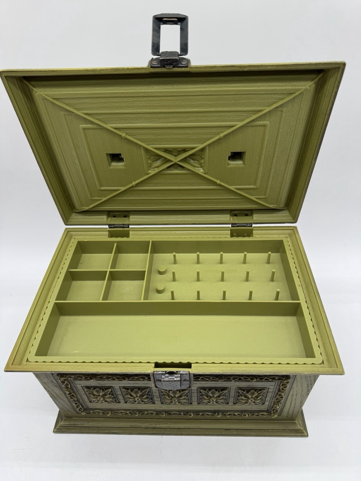 Vintage 1960s Max Klein Green Plastic Faux Wood Sewing Box Avocado Green MCM Box