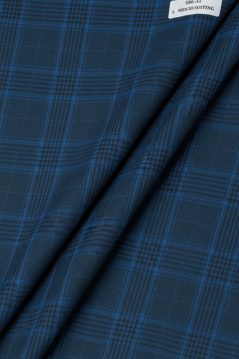 Blue Windowpane Checked Suiting Fabric Cashmere Wool Best for Suit Pants