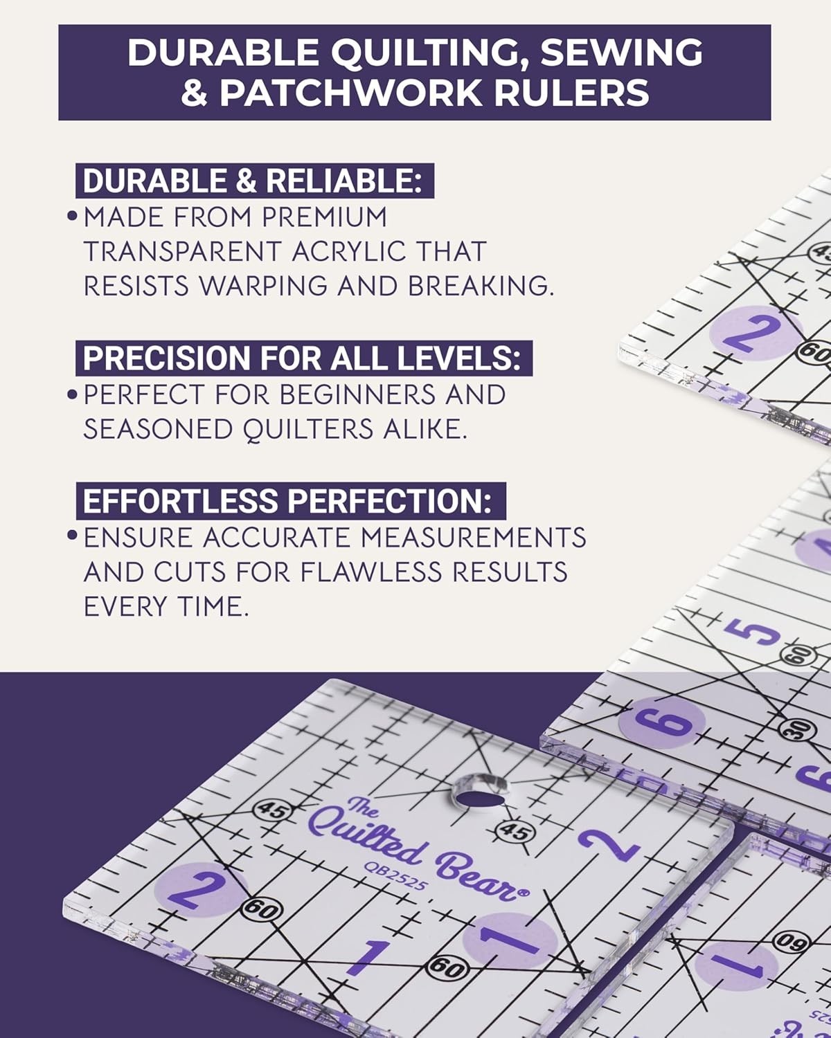 Durable Non-Slip Quilting Ruler 4″ x 4″ with Clear Black Lines for Precision