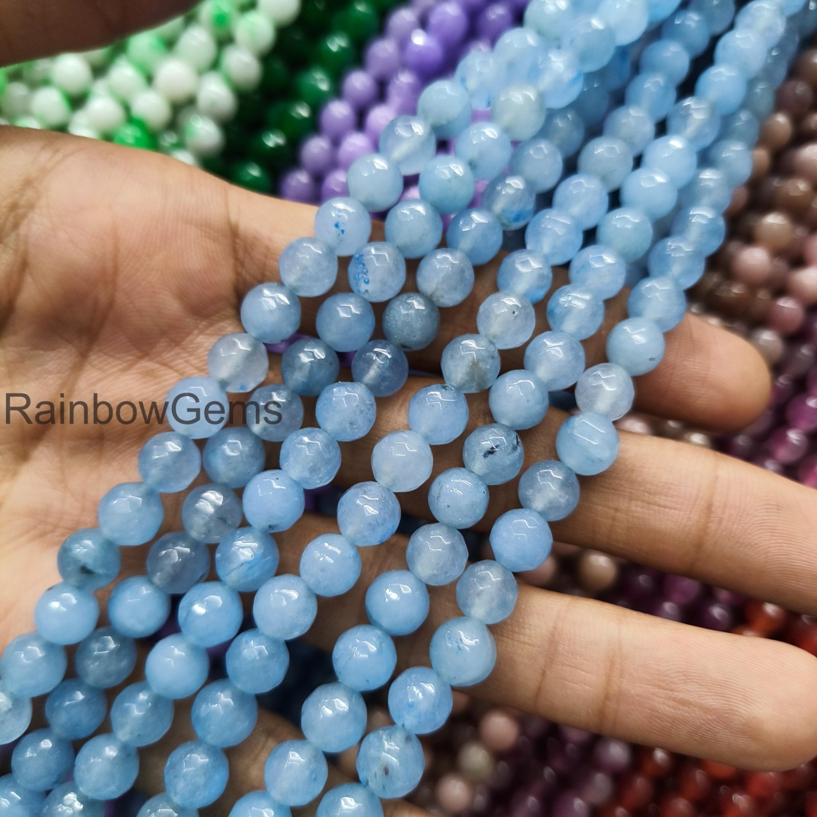 Aquamarine Quartz Beads Necklace . 6mm Round Smooth Beads . Blue Aquamarine