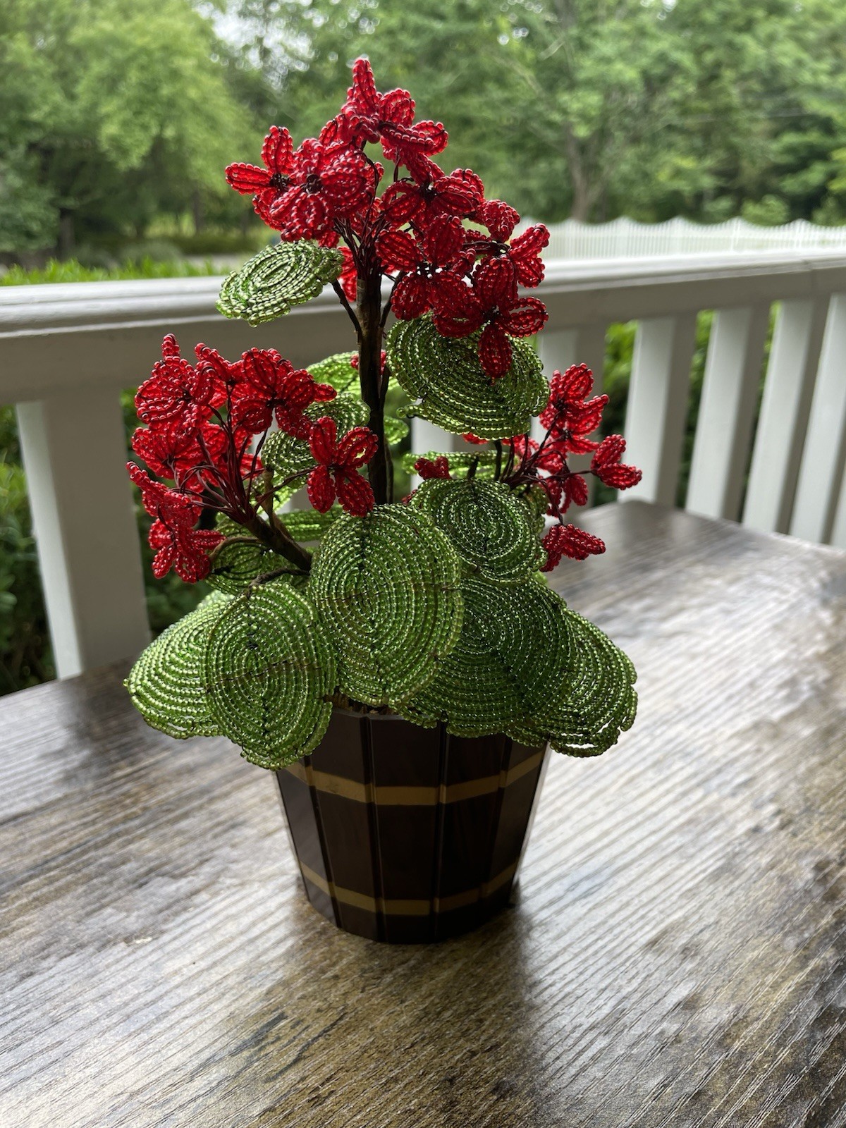 Vintage French Glass Seed Beaded Flowers Red Geranium Beaded Potted Arrangement