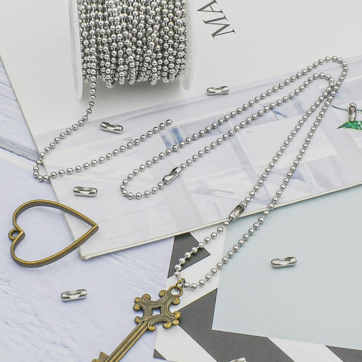 32.8Ft Stainless Steel Ball Chain 2.4mm Bead Link Chain Roll for Dog Tag