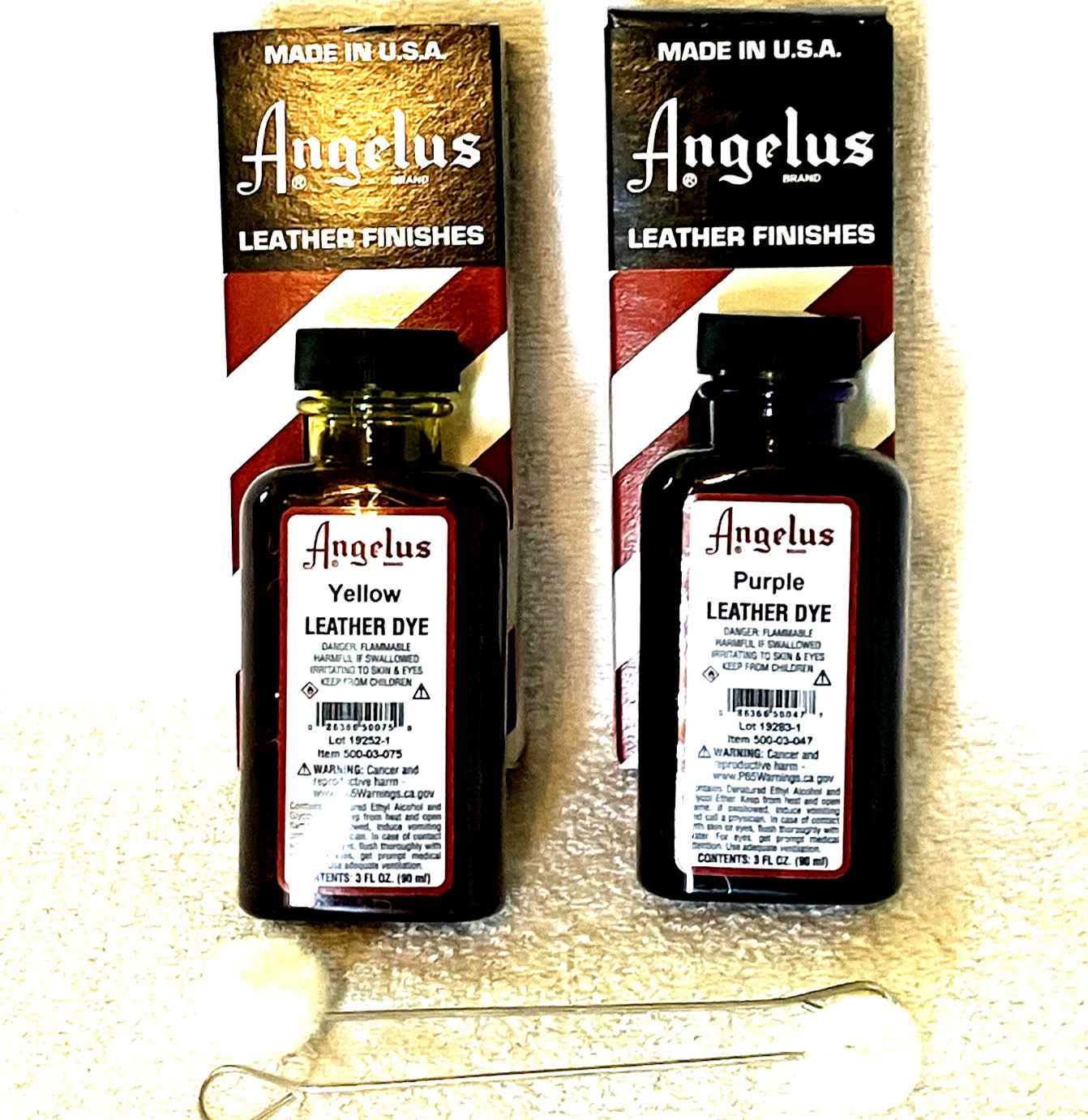 Angelus Leather Dye 2 NEW Yellow + Purple 3 Oz Applicators Shoe Craft Purse
