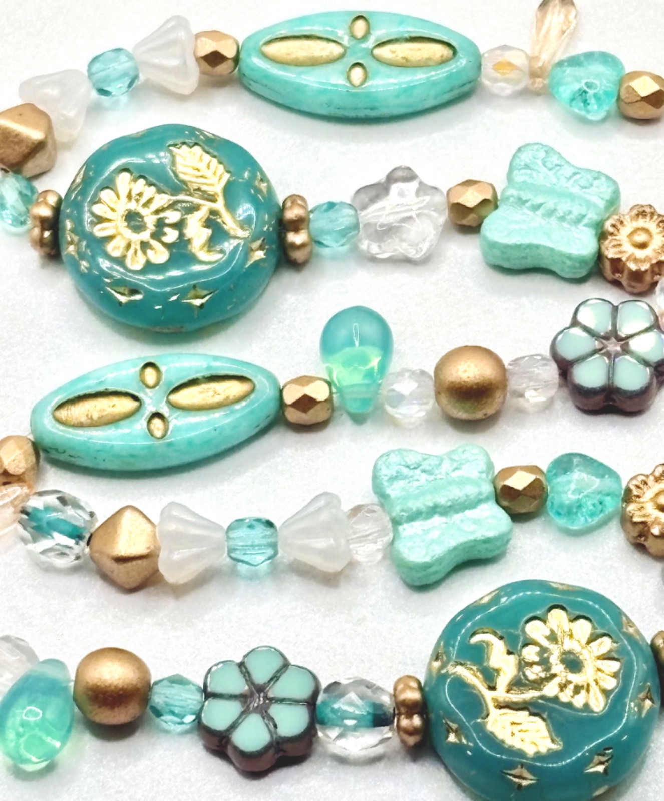 50 Czech Beads -ALL CZECH GLASS BEAD STRAND Turquoise/Gold Mixed Czech Glass Lot