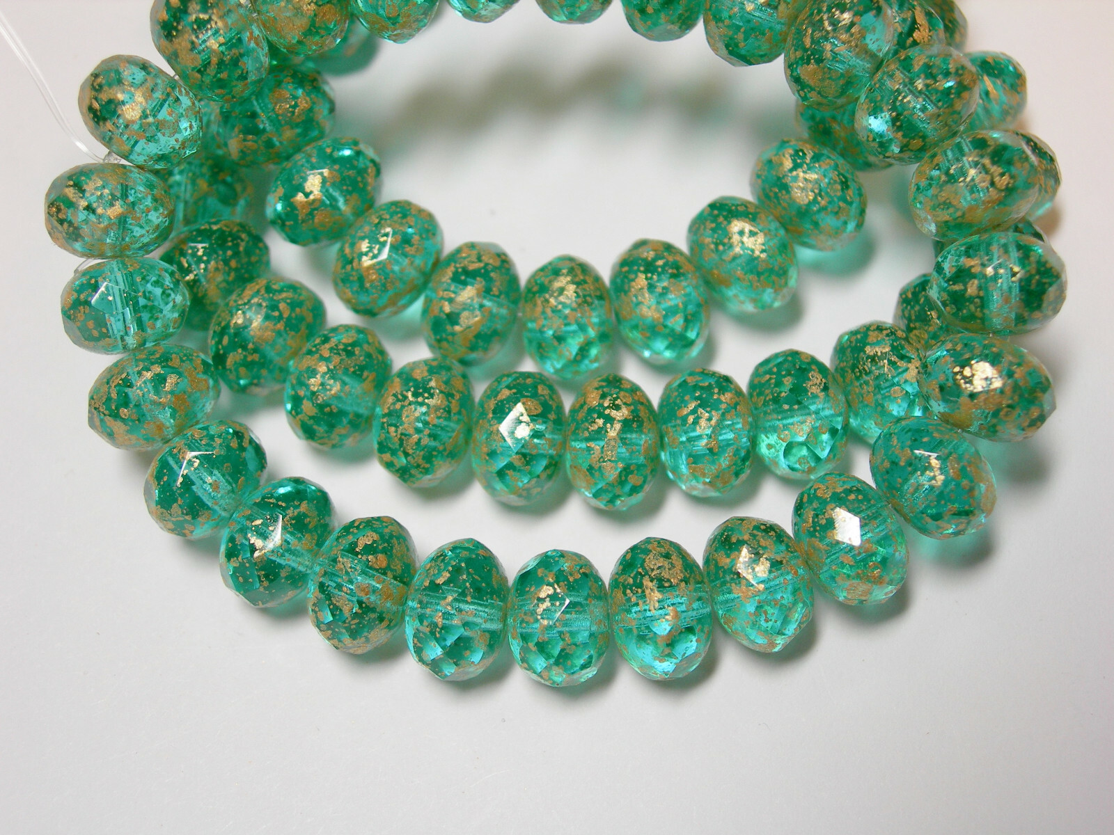 25 beads 8x6mm Teal with Gold Wash Czech Firepolished Rondelle beads