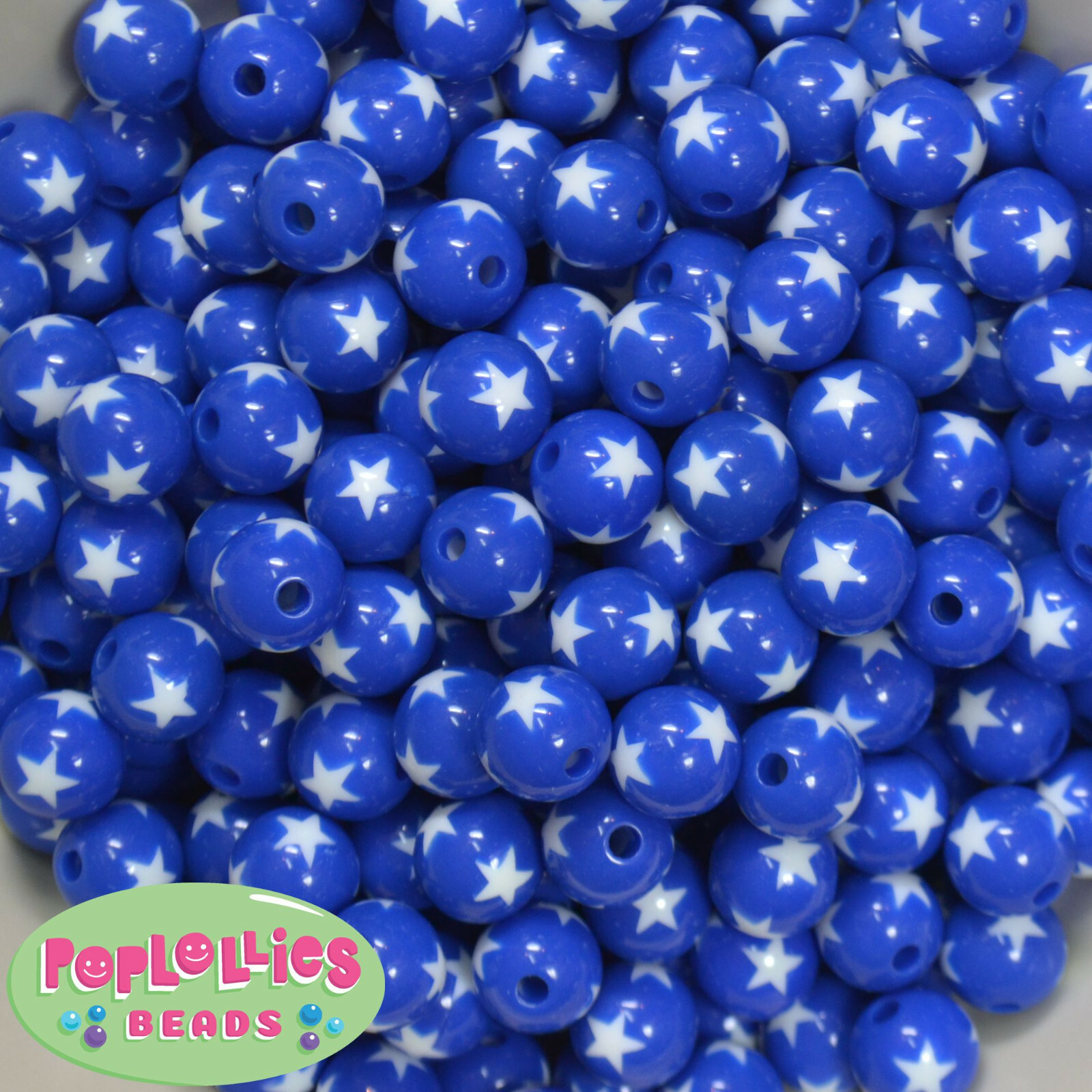 12mm Royal Blue and White Star Resin Bubblegum Beads Lot 40 pc. chunky gumball
