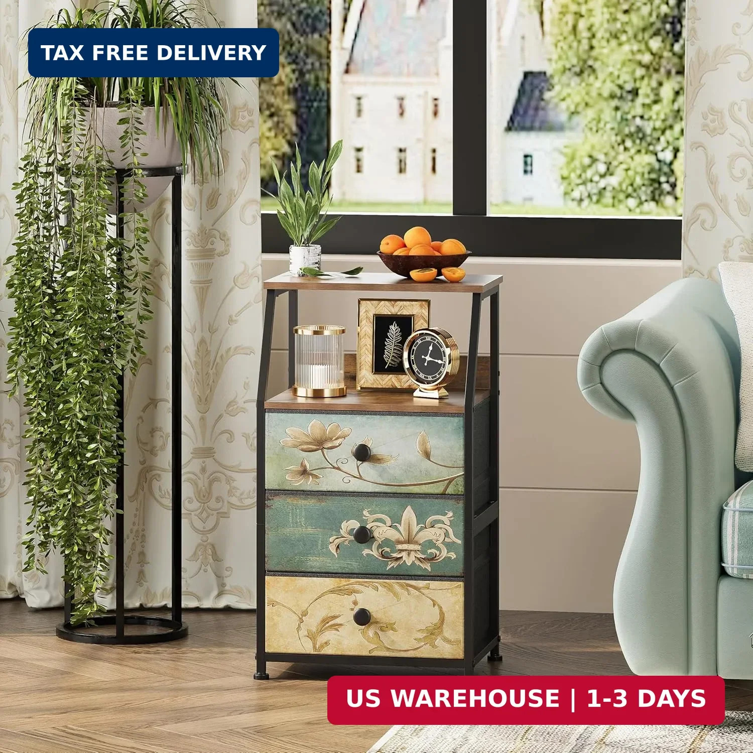 Dresser with Fabric Drawers Nightstand with 2 Tier Shelf Storage Tower