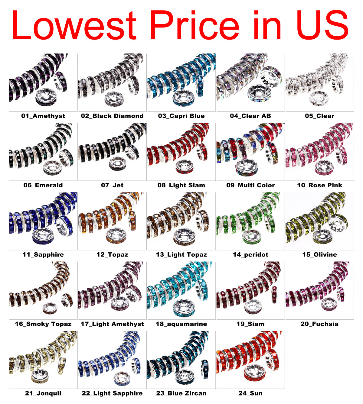 100 pcs Czech Crystal Rhinestone Silver Rondelle Spacer Beads 4,5,6,8,10,12mm