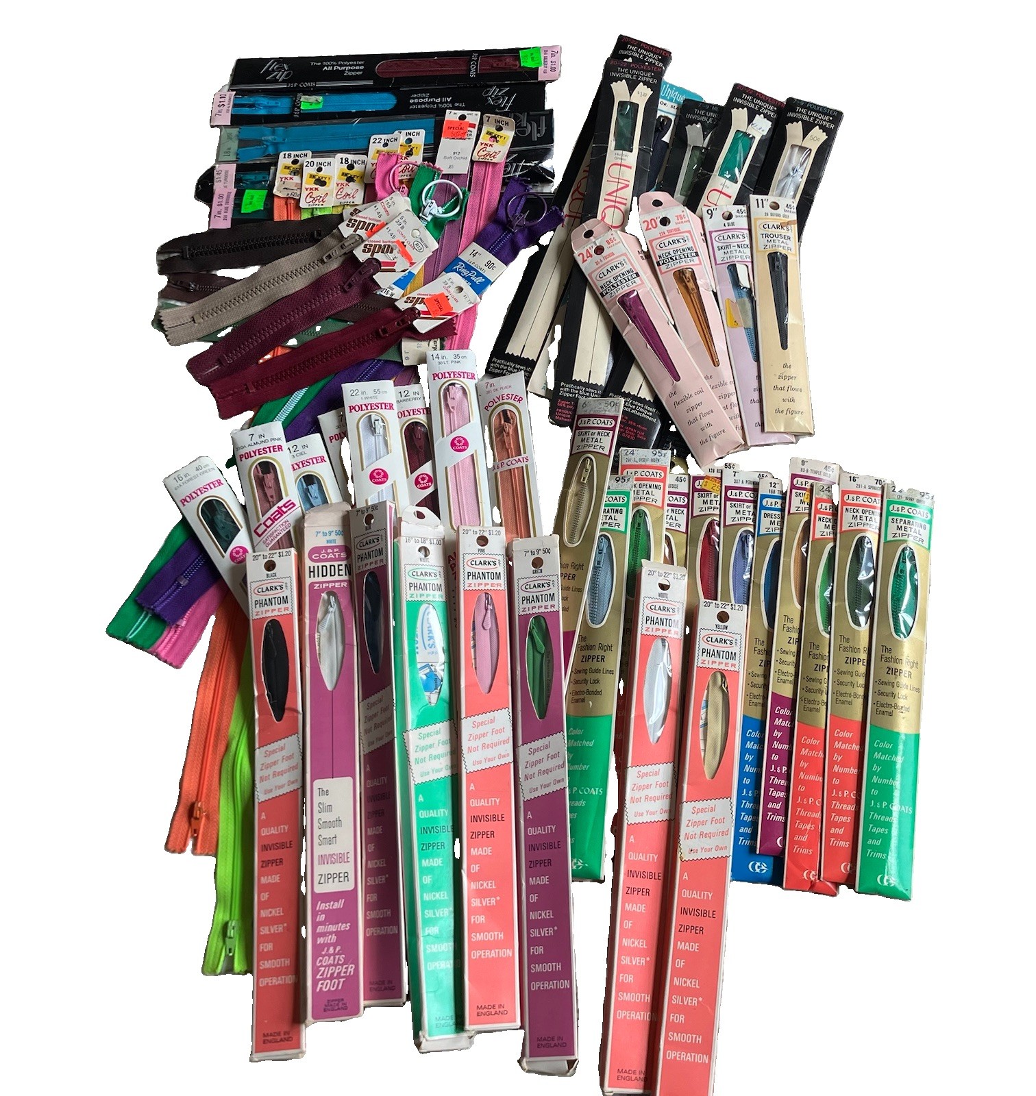 Vintage Zippers Lot of 70 CLARK’S J & P COATS UNIQUE YKK New Old Stock Unused