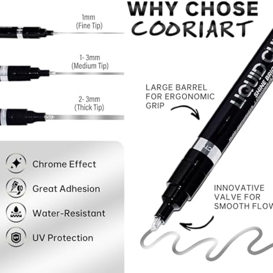3PK Liquid Chrome Markers Set, Permanent Mirror Pens for Plastic, Metal, Art