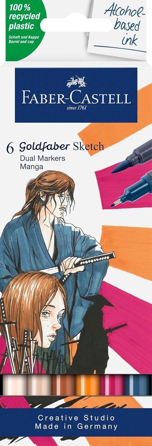 Faber-Castell Goldfaber Dual Tip Sketch Markers 6 pk Brush & Fineliner Tips NEW
