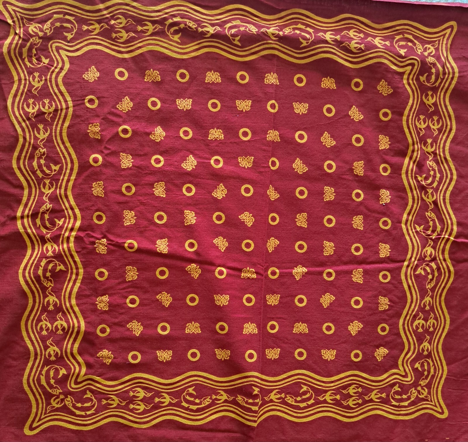 Vintage Korean Fabric Red and Yellow Squares for Market Totes and Head Scarves