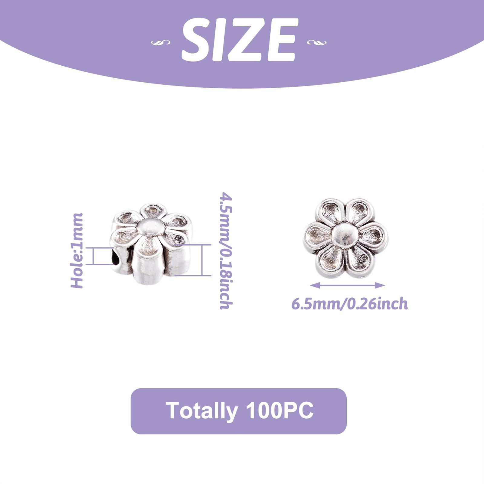 Bead Spacer Charms Tibetan Silver Antique Silver Flower 100pcs 6.5×4.5mm Hole