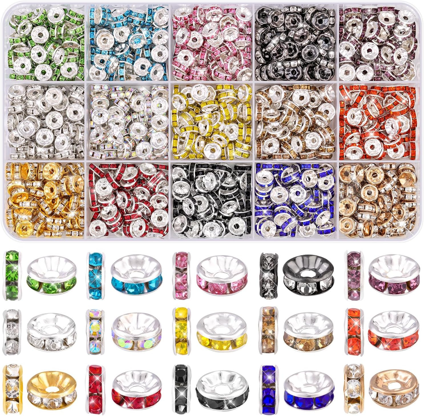 900 pcs 8mm Spacer Beads for Jewelry Making, 15 Colors Rondelle Bead Spacers Box