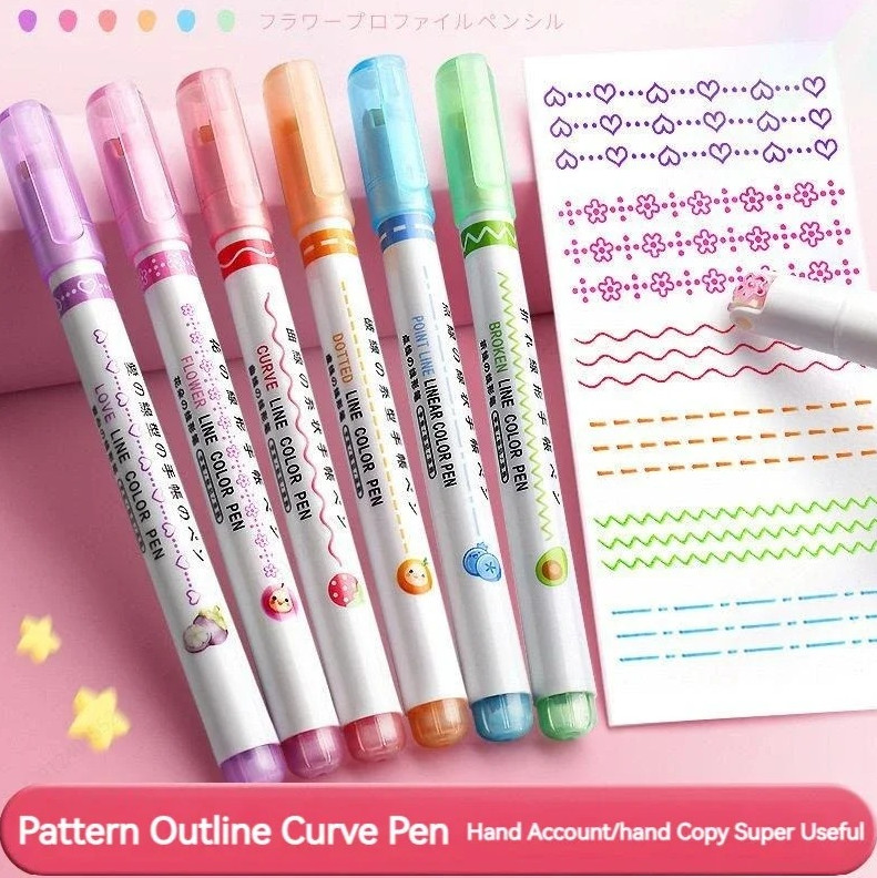 6pcs Flower Line Highlighter Set Roller Tip Curve Marker Kawaii Stationery – NEW