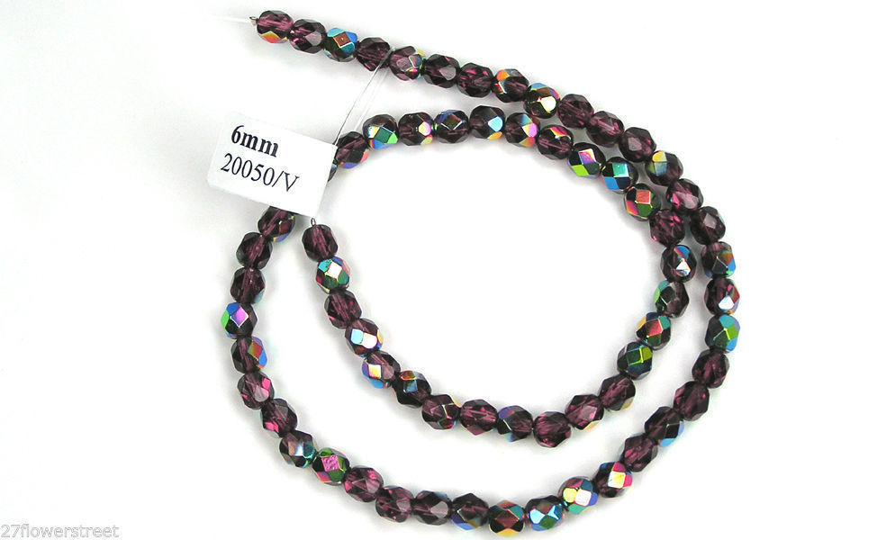 Czech Fire Polished Round Faceted Glass Beads in Amethyst Vitrail coated, 16″
