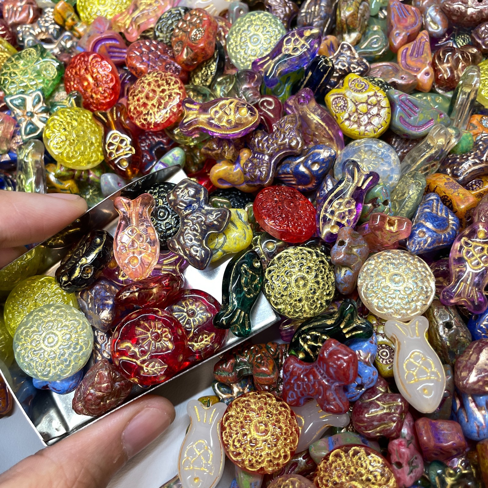 100g Vintage Pressed Glass Beads, Hand-Painted Gold, Jewelry Making