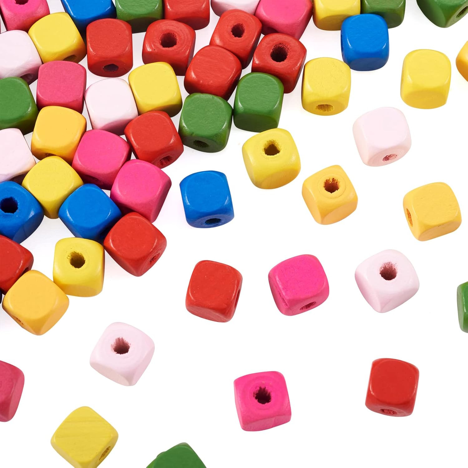 100Pcs Mixed Color Dyed Cube Wood Beads 10X10Mm Colorful Wooden Square Loose Spa