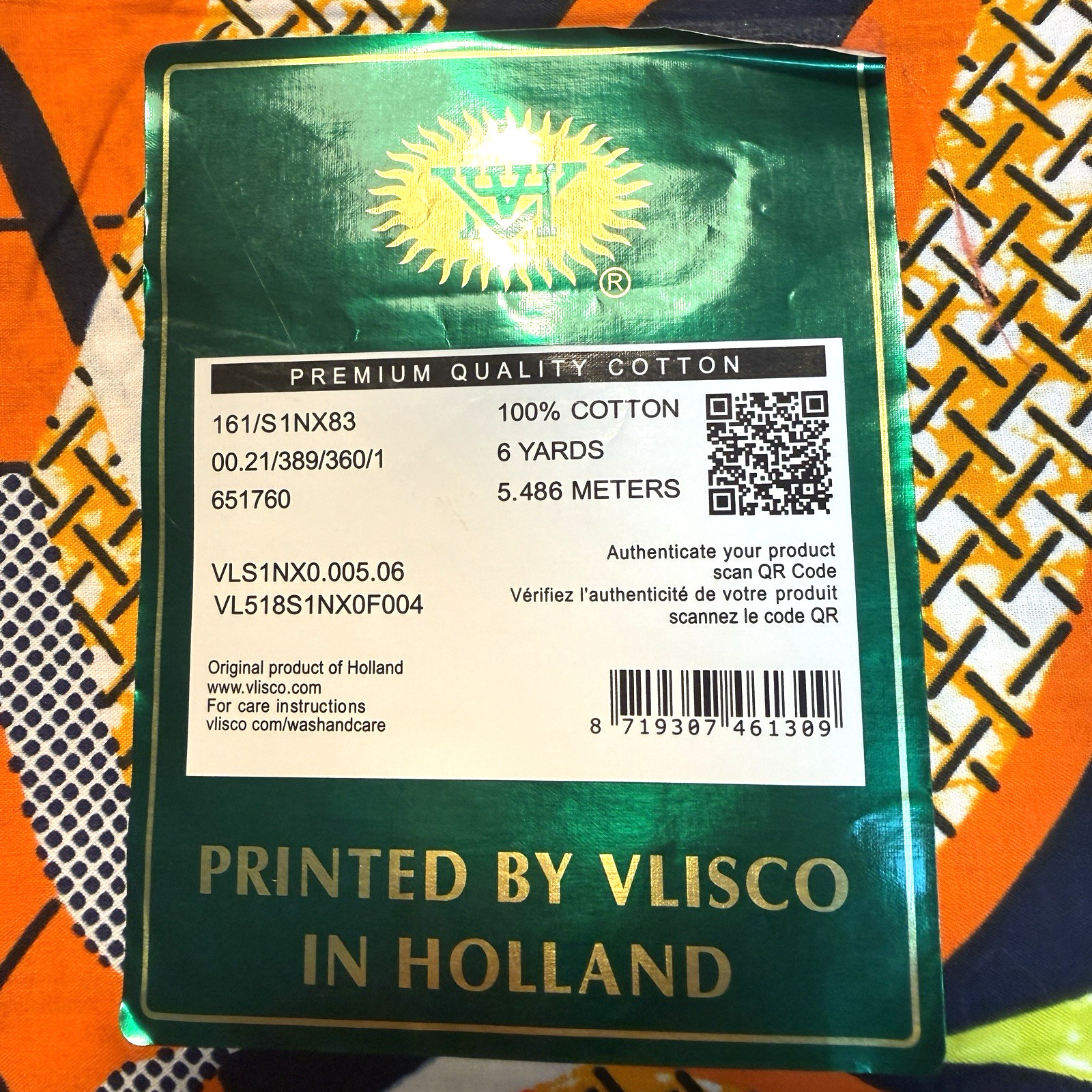 Vlisco Super-Wax Holland Wax Print Cotton New 6 Yards Green Orange Black VIBRANT