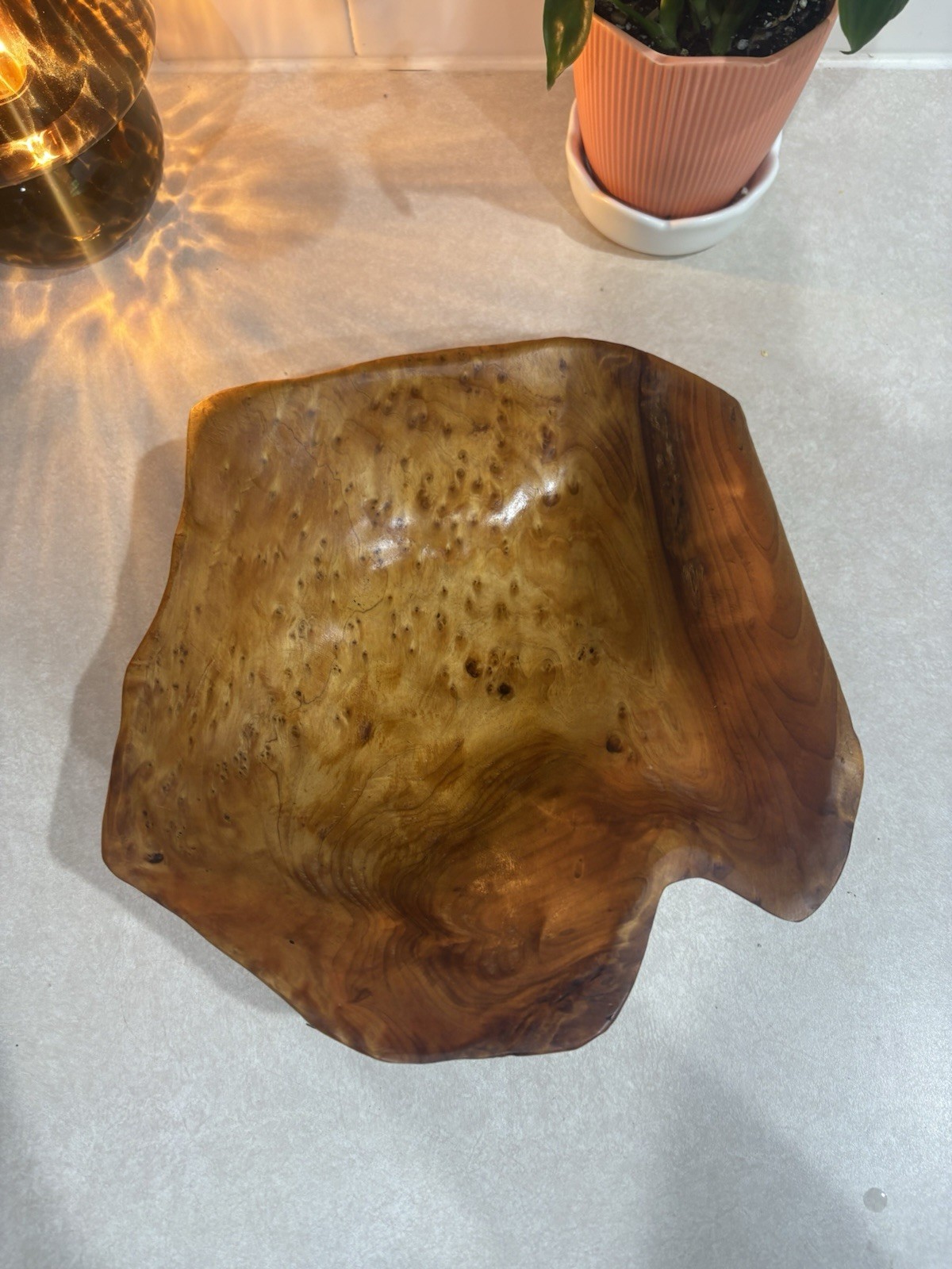 Vintage Hand Carved Live Edge Burl Wood Bowl 10” Organic Modern Centerpiece Art