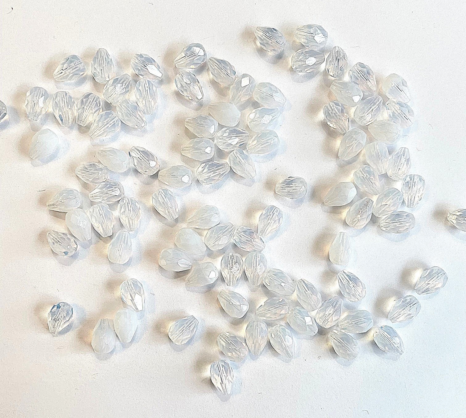 50 Vintage Czech Crystal White Opal Glass Faceted 10x7mm. Teardrop Beads T447