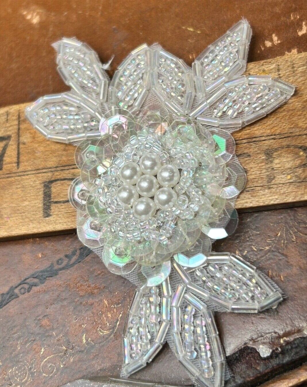 applique 2.5×3.25″ flower leaves beads sequins pearls hand sewn white ivory 1pc