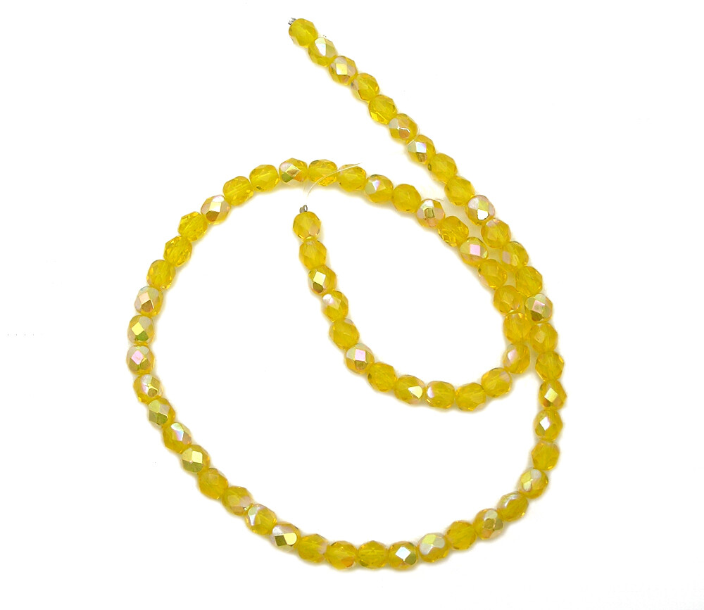 Czech Fire Polished Round Faceted Glass Beads in Citrine AB yellow, 4mm, 6mm