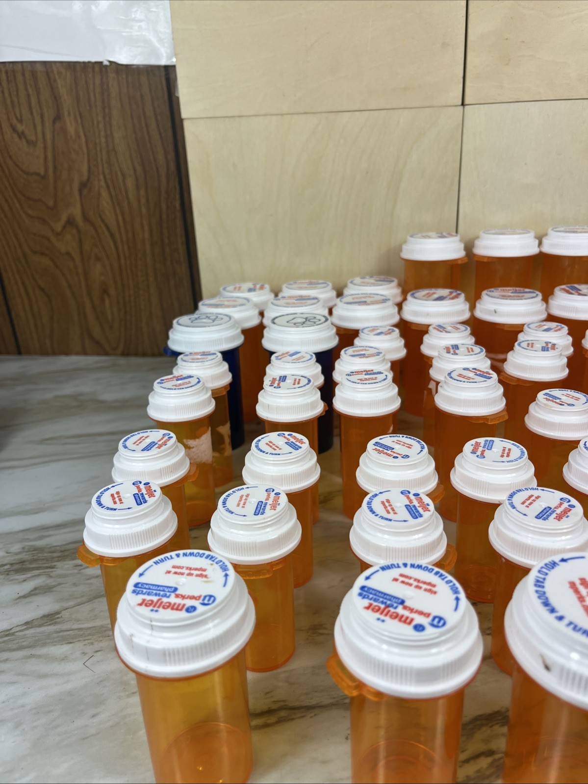 Lot Of 61 Empty medicine Bottles All amber Minus 2 Blue, Various Sizes
