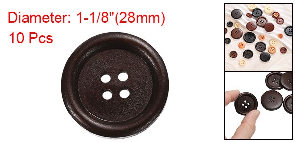 10pcs Wooden Sewing Button 28mm 4 Holes Round Craft Buttons, Dark Brown