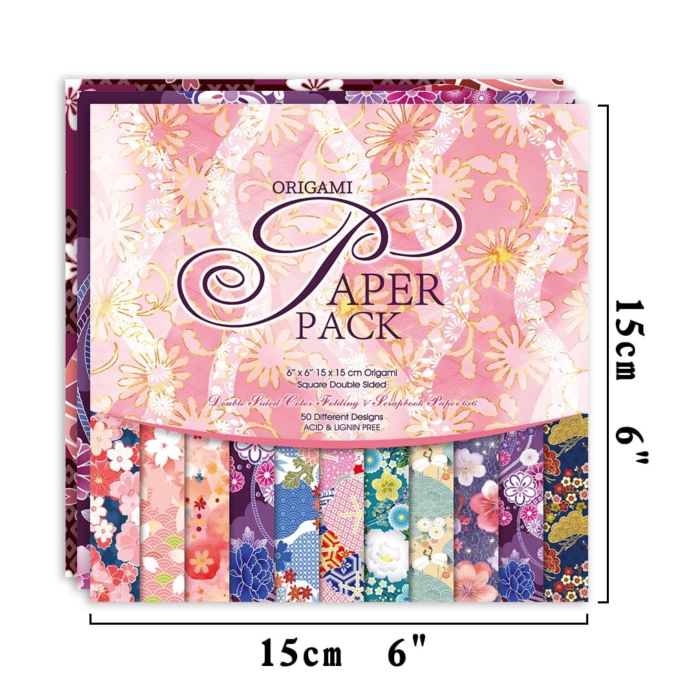 Origami Paper Kit 50 Sheets 70GSM 6 Inch Square Double Sided Color 50 Vivid Japa