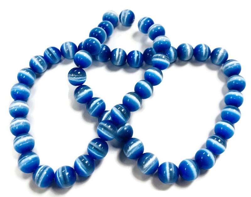 50 Cat’s Eye Fiber Optic Glass Royal Blue 8mm. Smooth Round Beads 2575