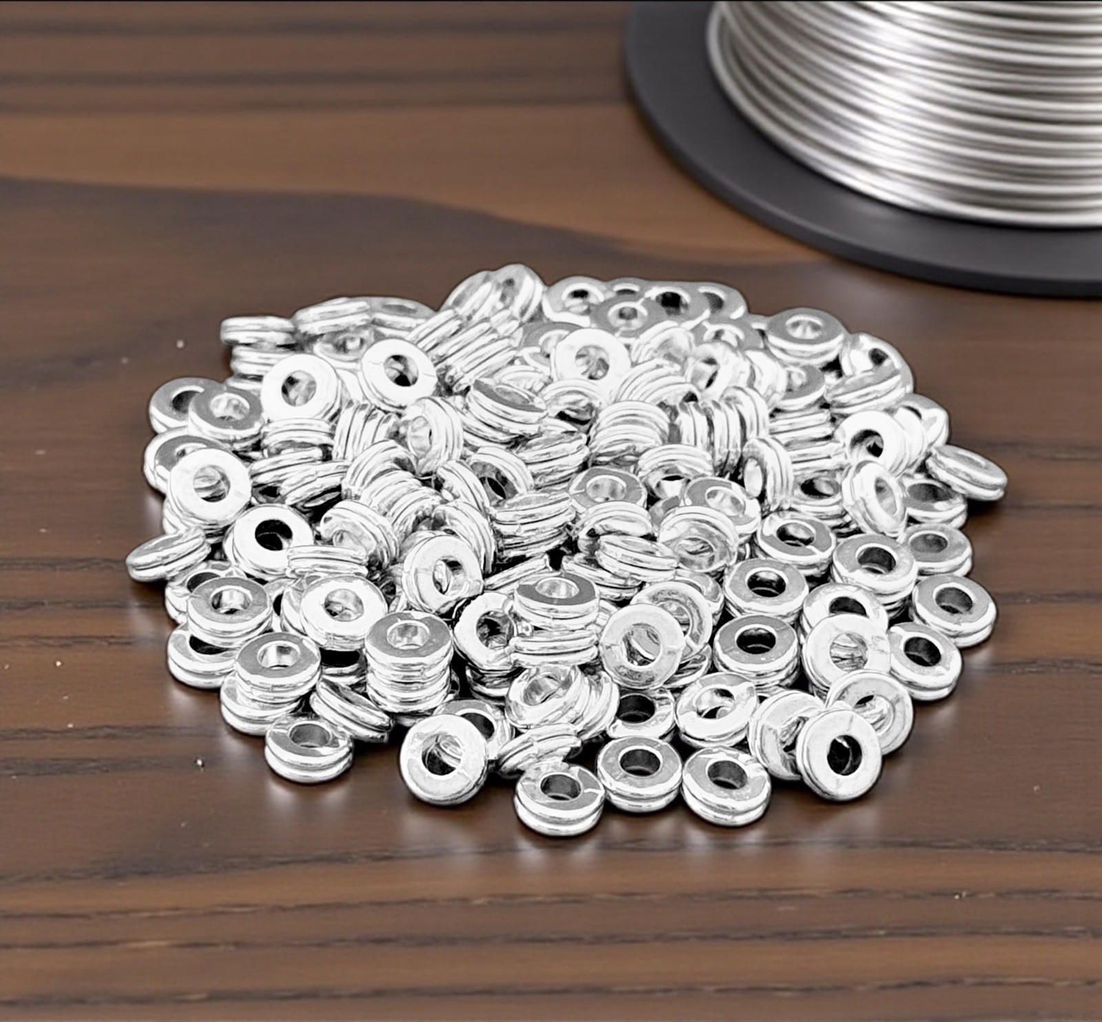 100 Antiqued Silver Spacer Beads 6.5×4.5mm Flat Round Ribbed Rondelle Findings