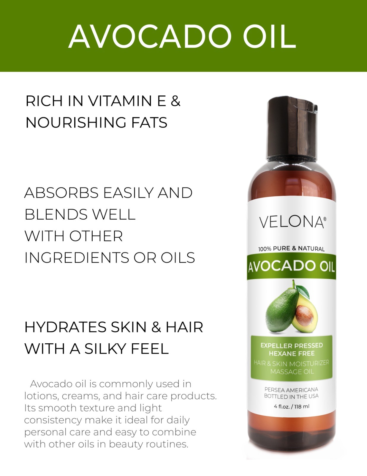 Avocado Oil by Velona – 4 oz, Refined, Cold Pressed, Hair Body and Skin Care
