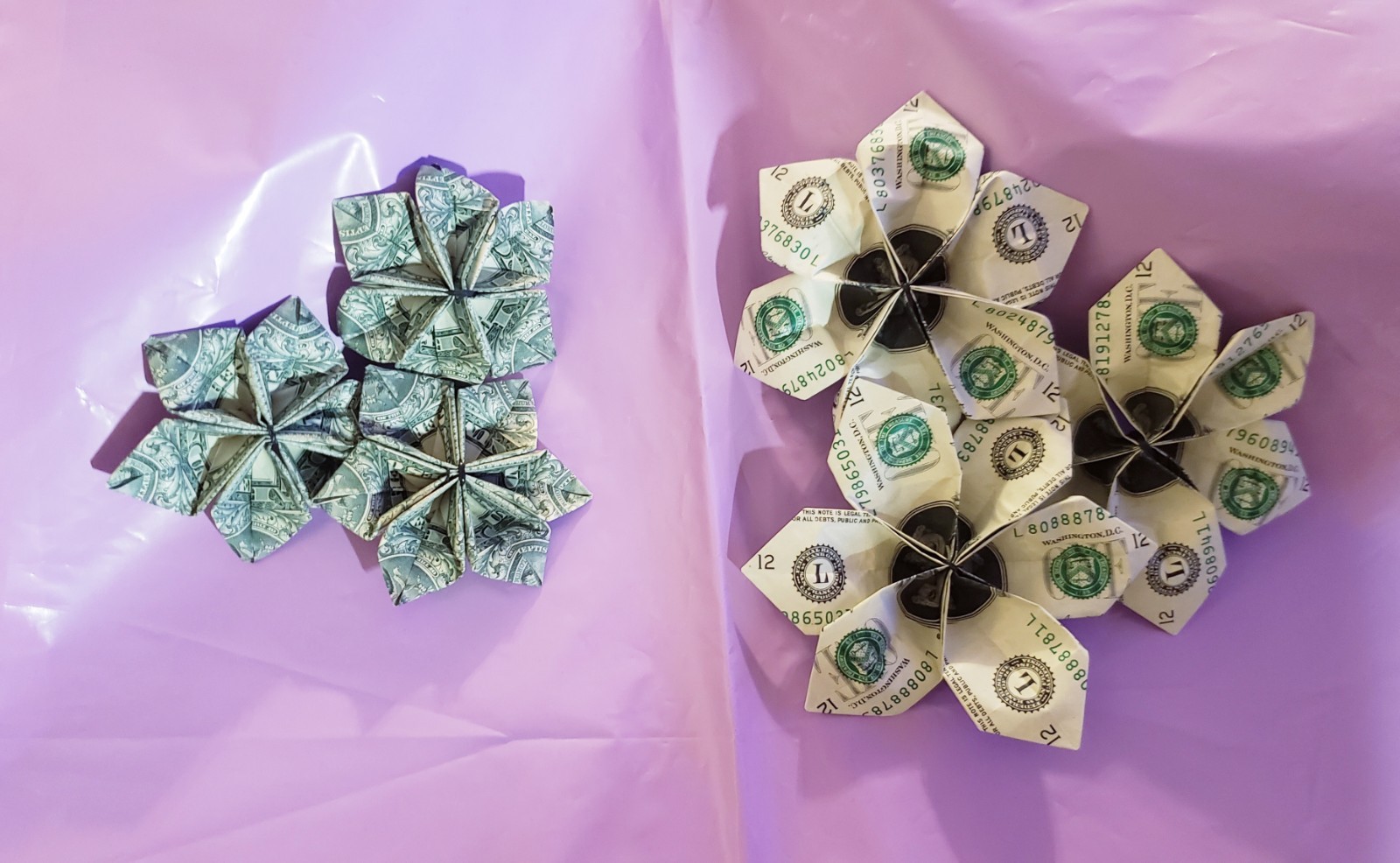 Lot of 6 ( 2 sizes) Handmade Origami Money Flowers Handcrafted Art