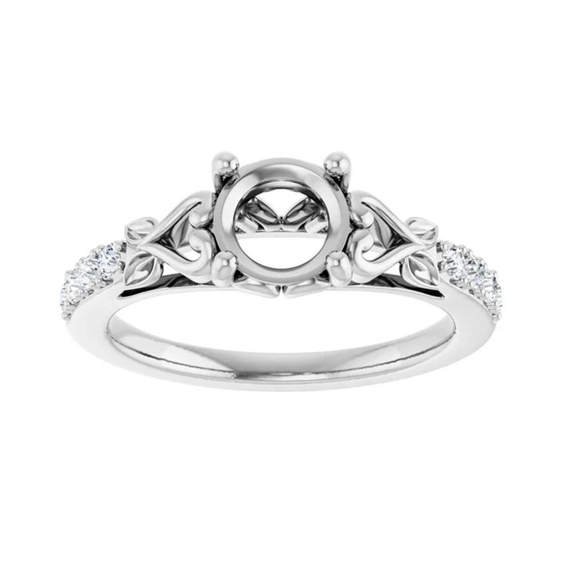 925 Sterling Silver Semi Mount Women Ring 5mm Round Leaf Pave Accent Blank Ring