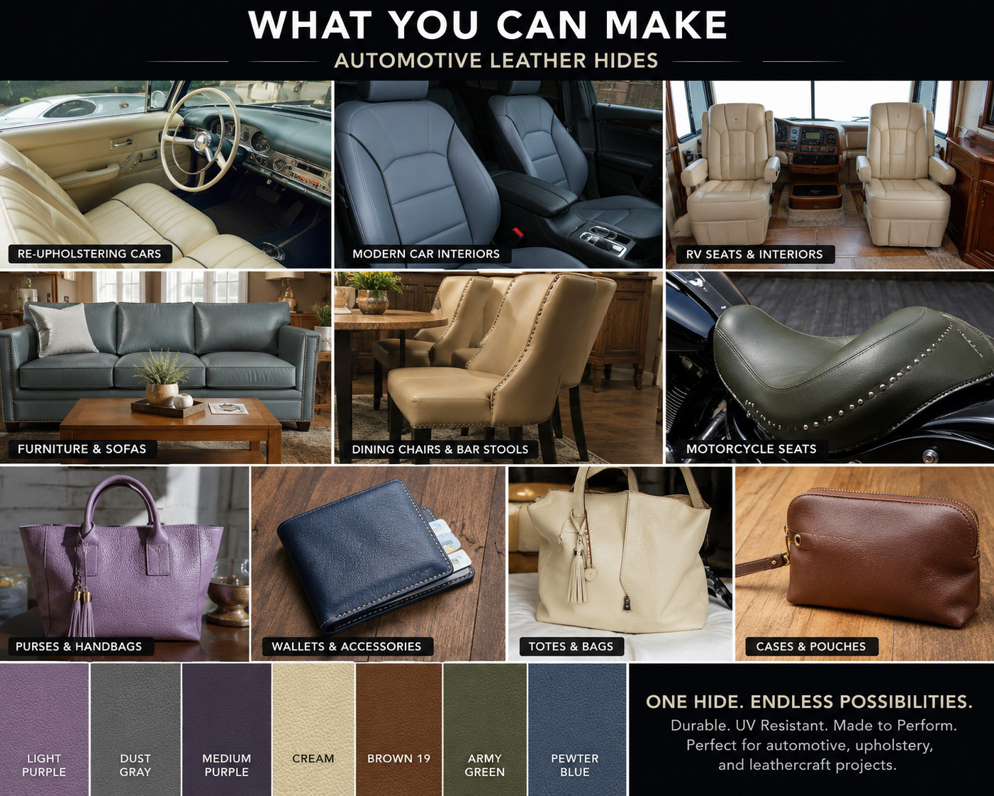 Genuine Automotive Leather Hide 36–42 Sq Ft UV Resistant 3–4 oz Car Upholstery