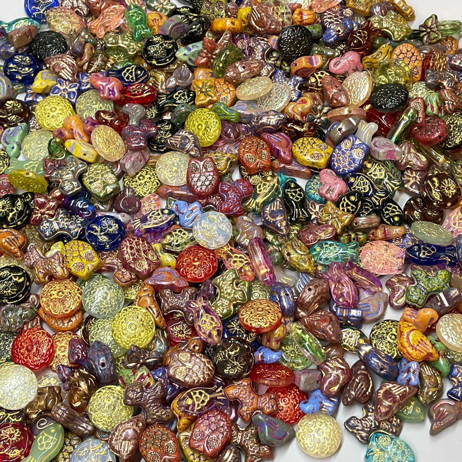 100g Vintage Pressed Glass Beads, Hand-Painted Gold, Jewelry Making