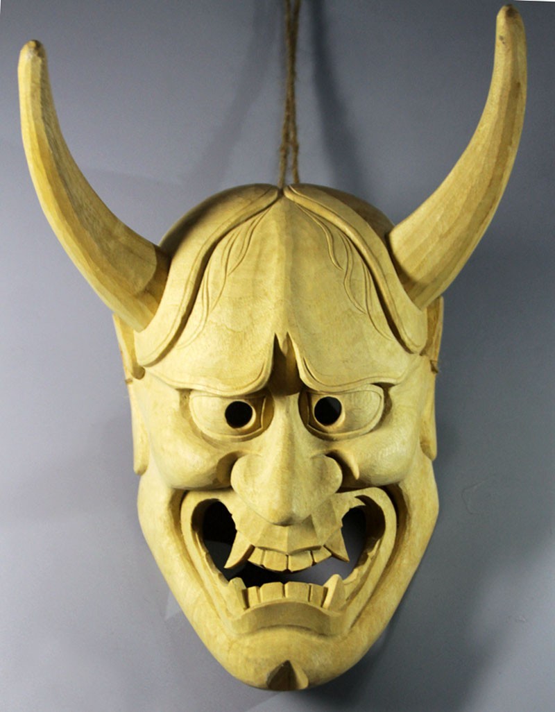 QH082-26*19*9 CM Hand Carved Japanese Noh Hanya Shinda Ver Camphor Wooden Mask