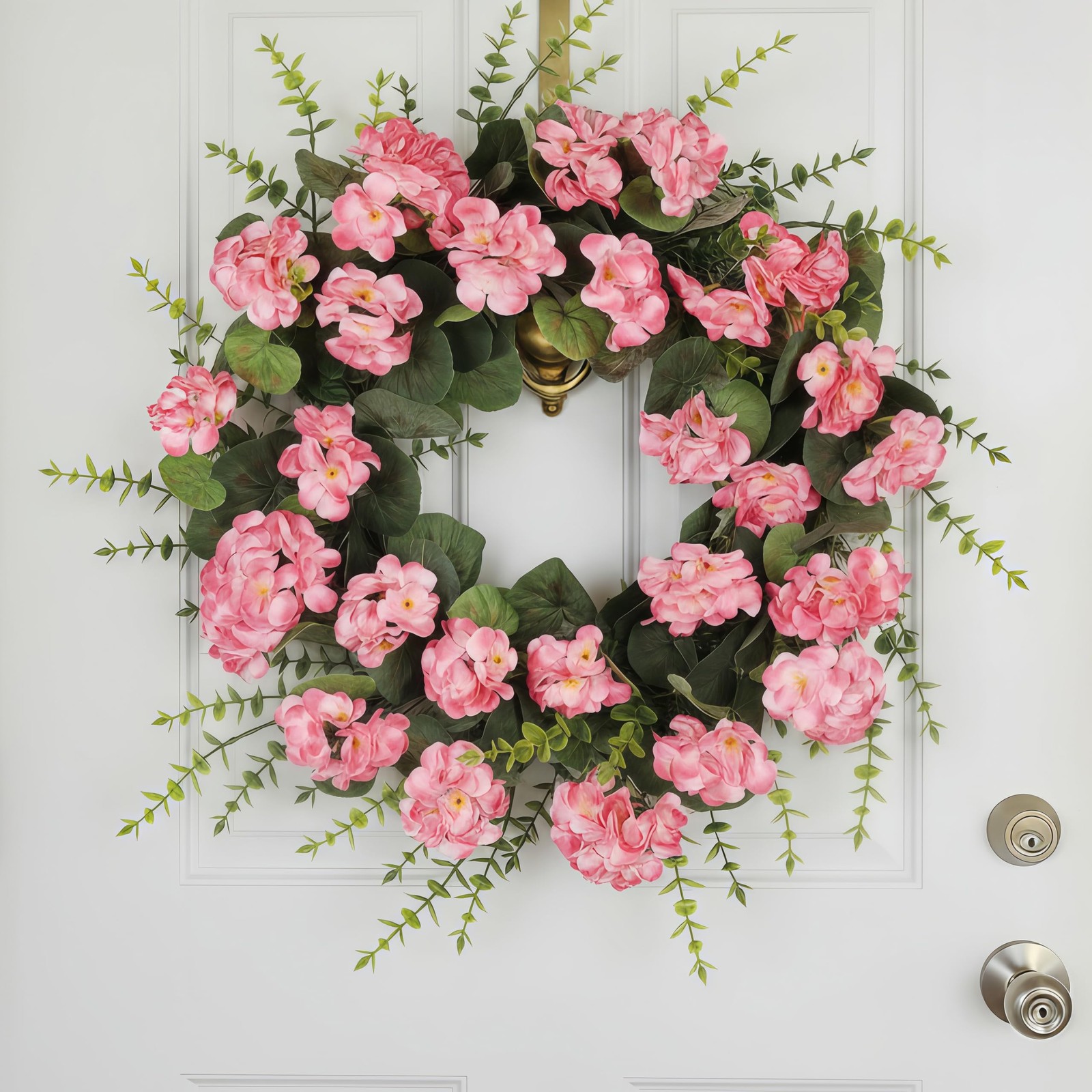 Kuimen Pink Artificial Geranium Wreath 22 Inch Spring Summer Wreaths For Front