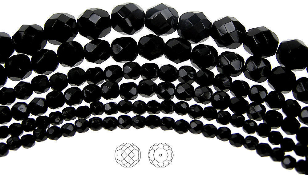 Czech Fire Polished Round Faceted Glass Beads in Jet black 3-14mm