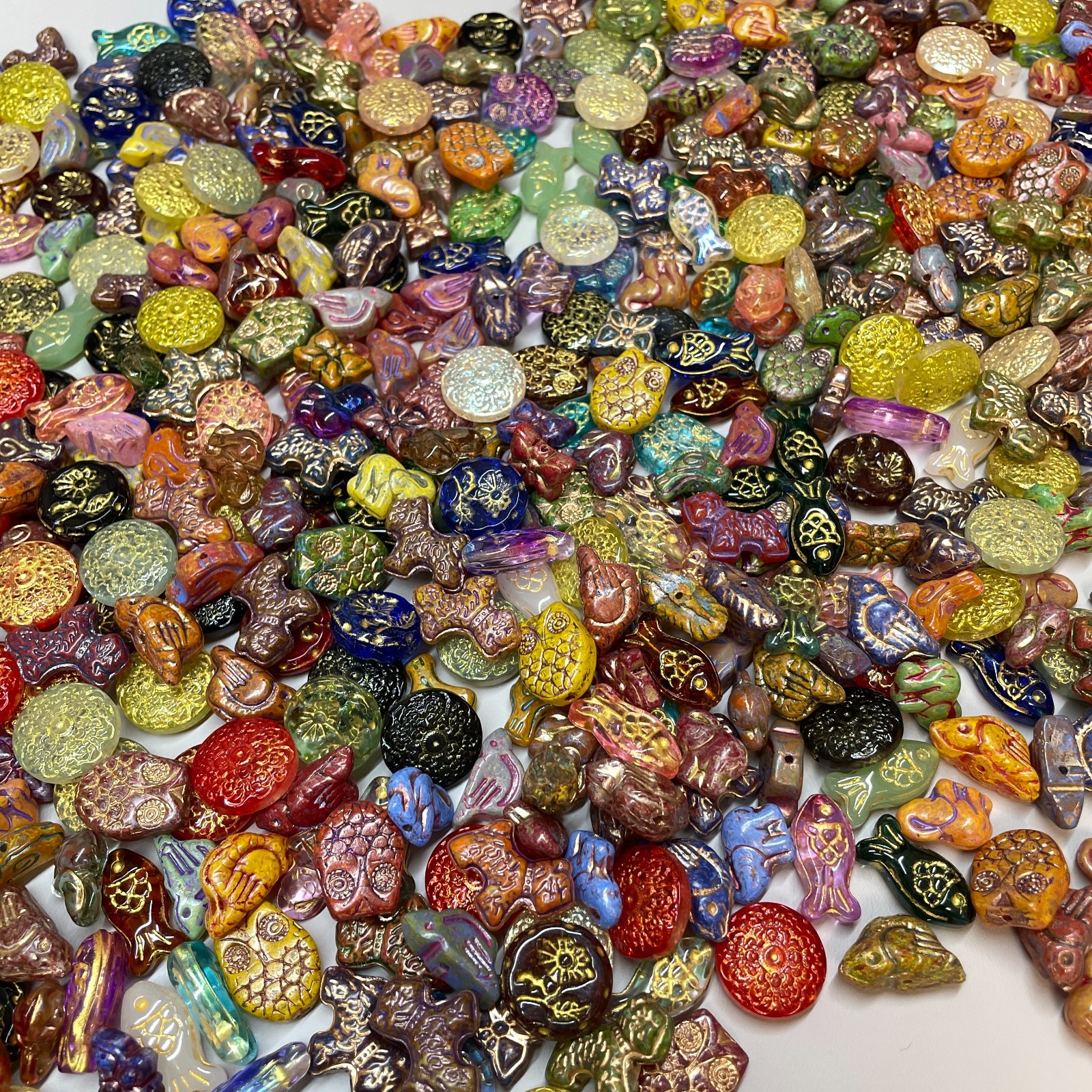100g Vintage Pressed Glass Beads, Hand-Painted Gold, Jewelry Making