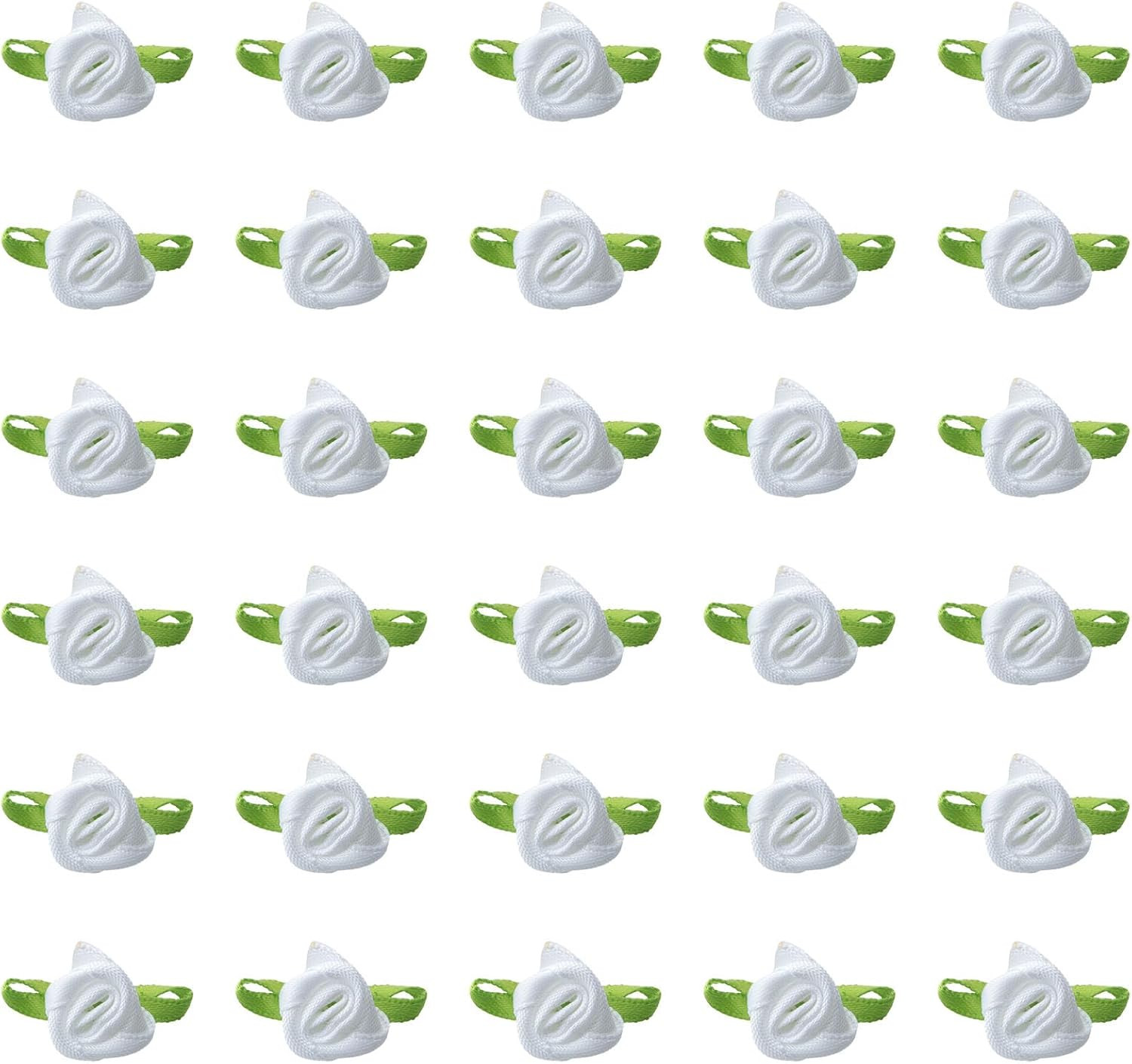 50 Pcs Satin Roses with Green Leaves Mini Cute Ribbon Bows Fabric Artificial Flo