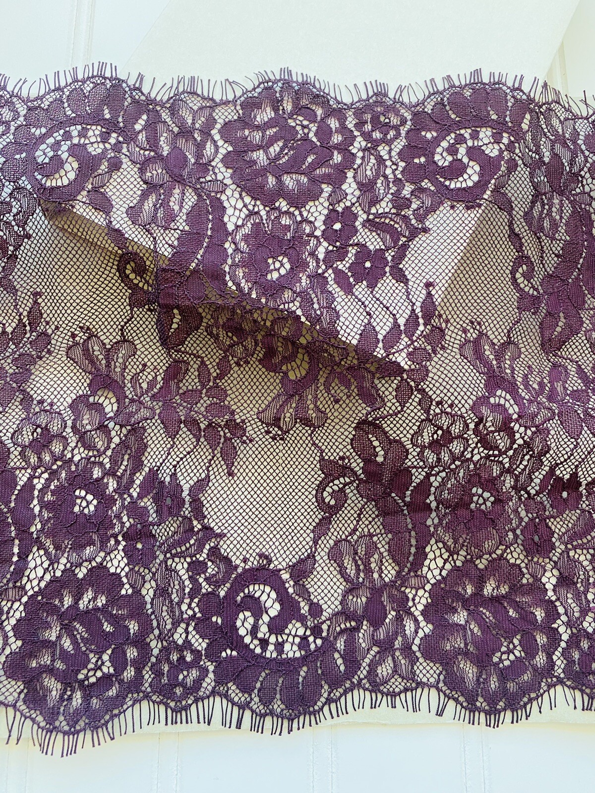 3 Yds Mulberry Embroidered Eyelash French Lace Trim for Sewing/Lingerie/9″ Wide
