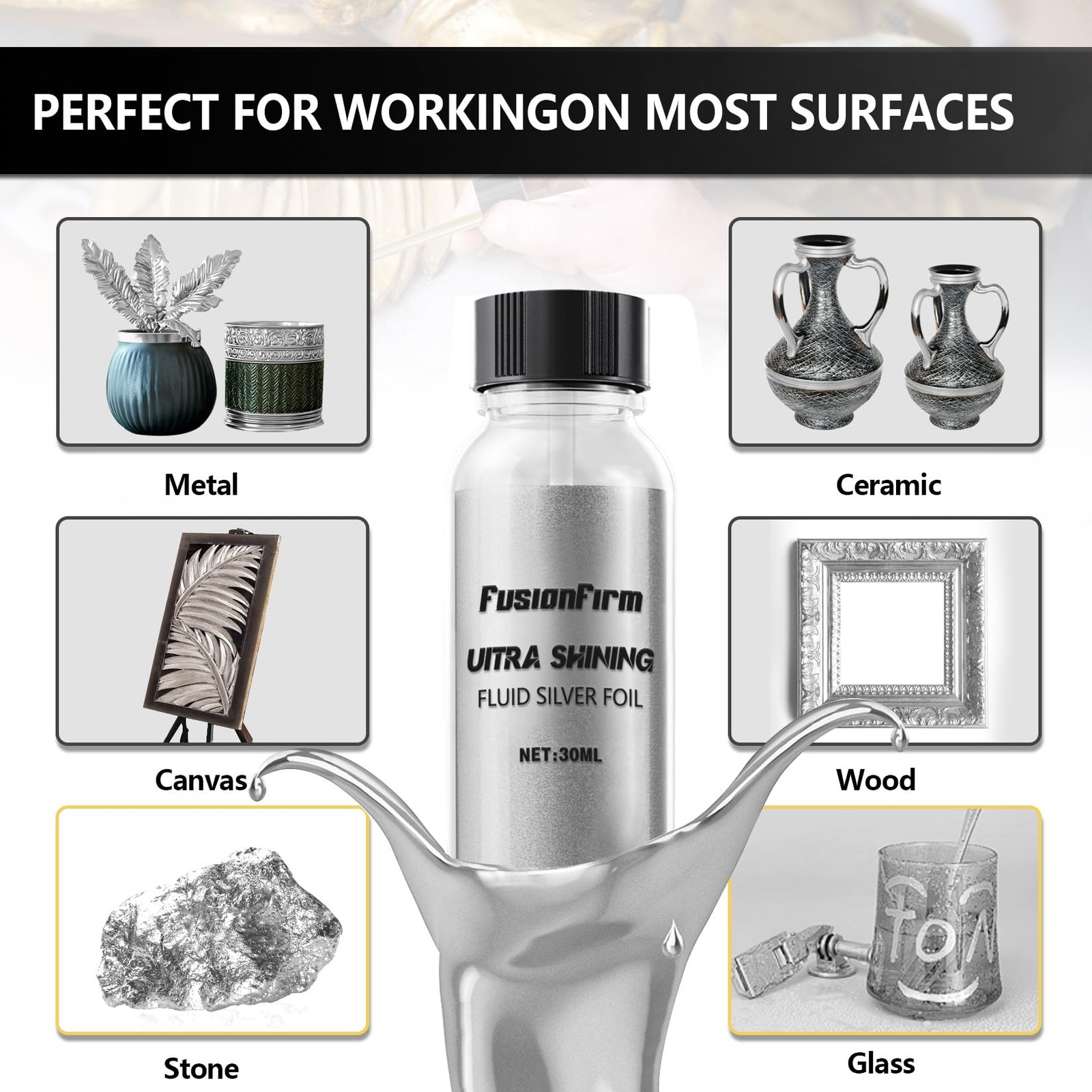 Liquid Silver Leaf Paint Kit – Alcohol-Based 1 Fl Oz (Pack of 1),